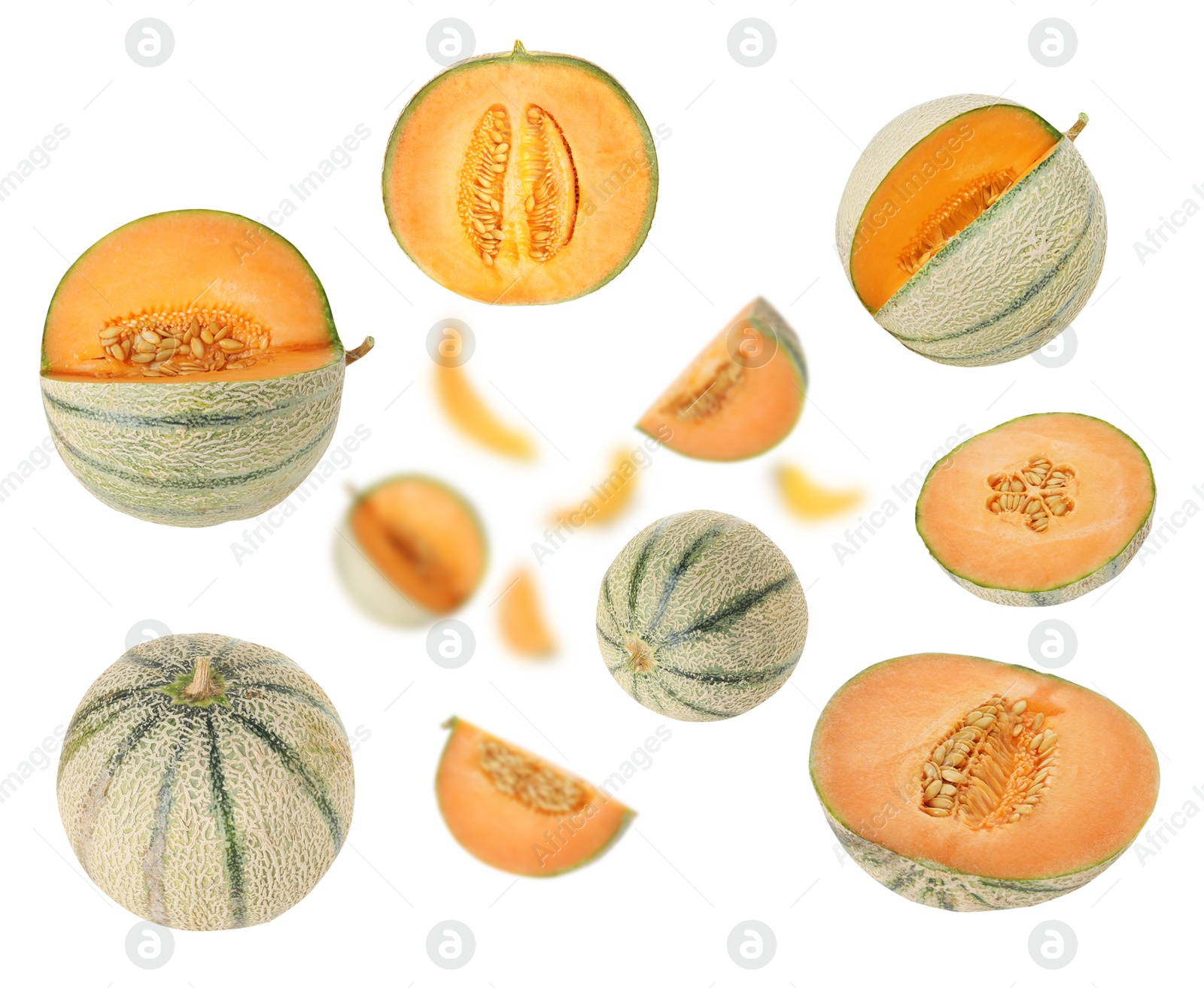 Tasty ripe Cantaloupe melons swirling in air against white background Image of Tasty ripe Cantaloupe melons swirling in air against white background