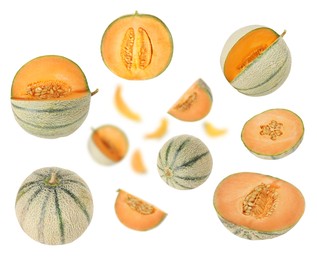 Image of Tasty ripe Cantaloupe melons swirling in air against white background