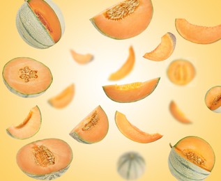 Image of Tasty ripe Cantaloupe melons swirling in air against yellow gradient background