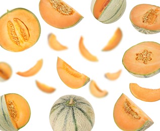 Image of Tasty ripe Cantaloupe melons swirling in air against white background