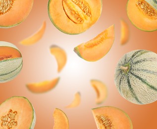 Image of Tasty ripe Cantaloupe melons swirling in air against color gradient background