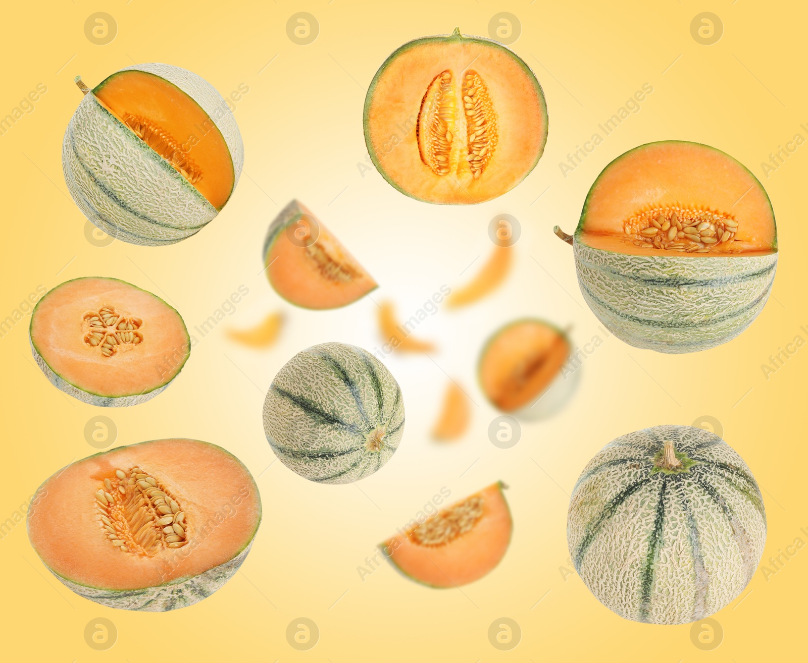 Tasty ripe Cantaloupe melons swirling in air against yellow gradient background Image of Tasty ripe Cantaloupe melons swirling in air against yellow gradient background