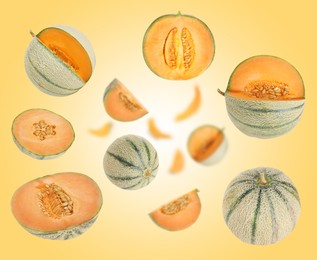 Image of Tasty ripe Cantaloupe melons swirling in air against yellow gradient background