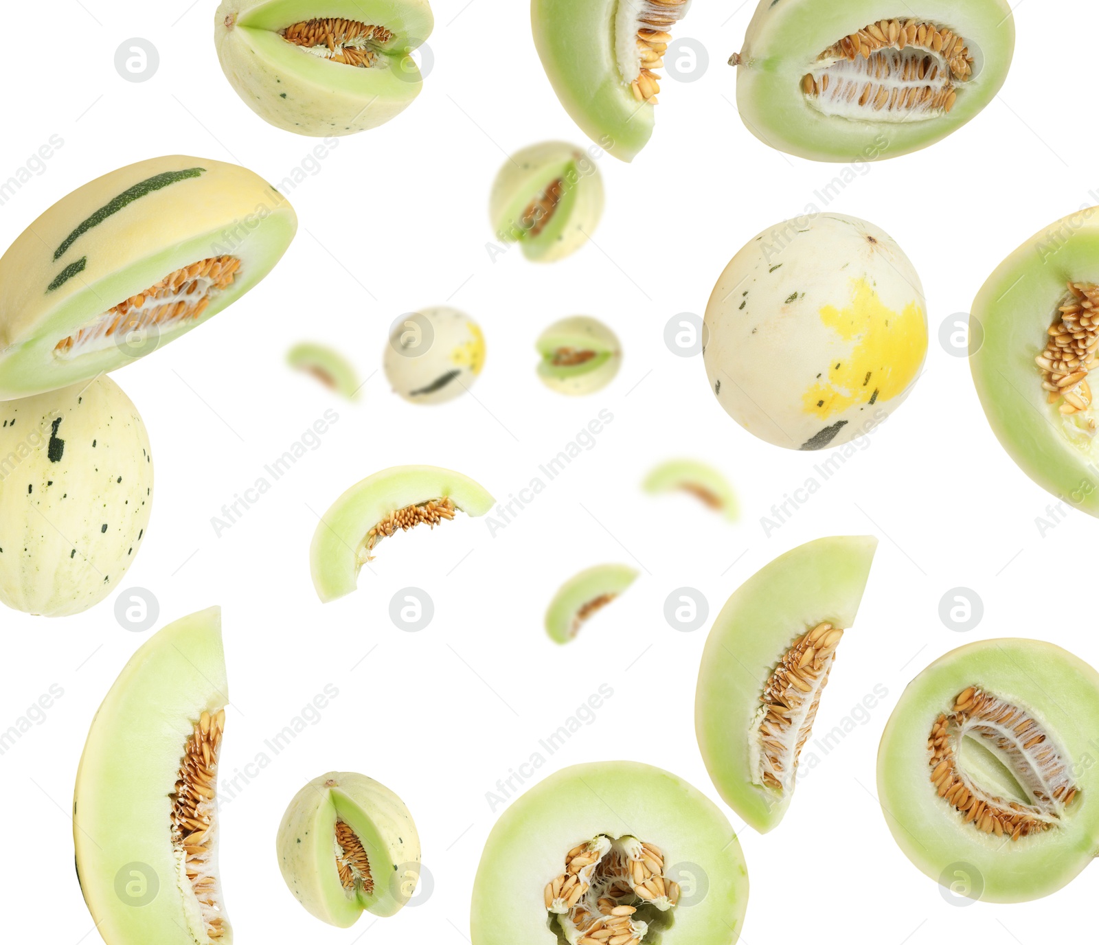 Tasty ripe melons swirling in air against white background Image of Tasty ripe melons swirling in air against white background