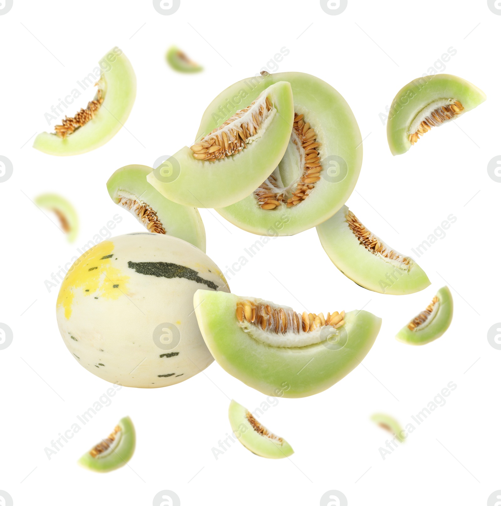 Tasty ripe melons swirling in air against white background Image of Tasty ripe melons swirling in air against white background