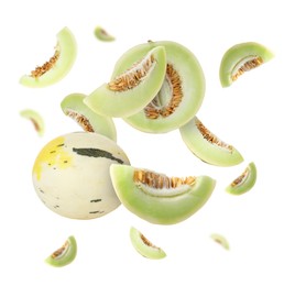 Image of Tasty ripe melons swirling in air against white background