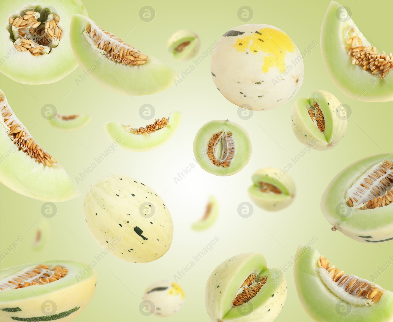 Tasty ripe melons swirling in air against green gradient background Image of Tasty ripe melons swirling in air against green gradient background