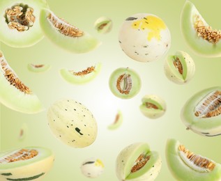 Image of Tasty ripe melons swirling in air against green gradient background