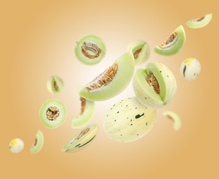 Image of Tasty ripe melons swirling in air against beige gradient background