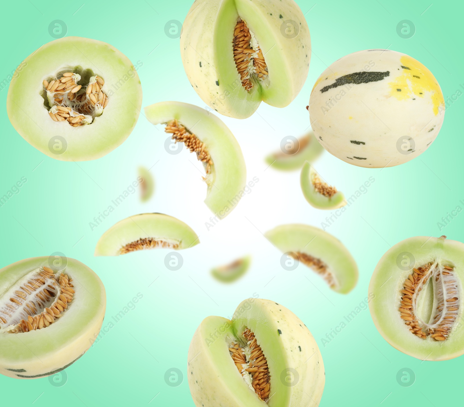 Tasty ripe melons swirling in air against turquoise gradient background Image of Tasty ripe melons swirling in air against turquoise gradient background