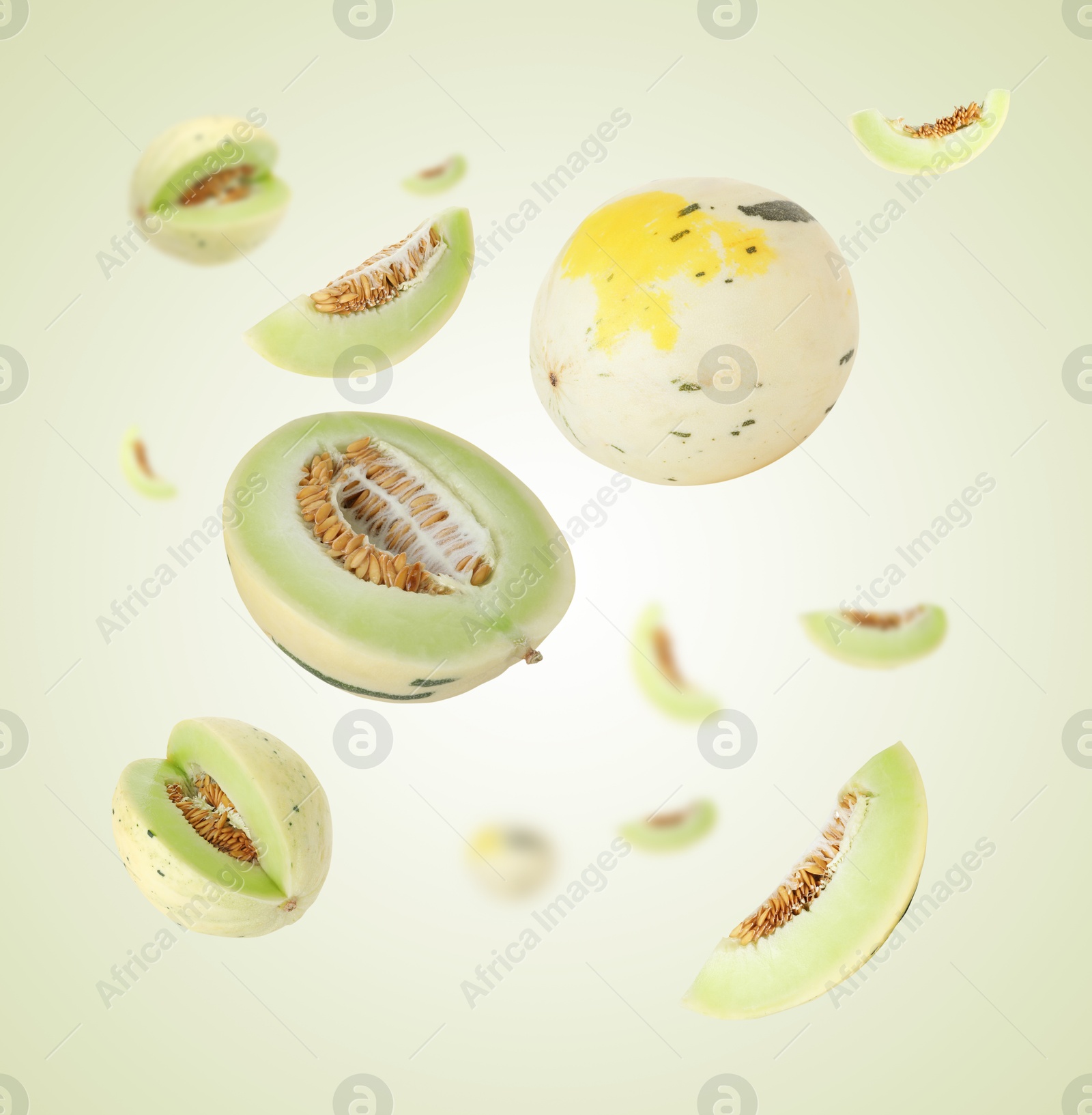 Tasty ripe melons swirling in air against light green gradient background Image of Tasty ripe melons swirling in air against light green gradient background