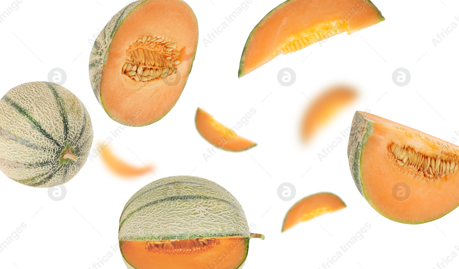 Tasty ripe Cantaloupe melons swirling in air against white background Image of Tasty ripe Cantaloupe melons swirling in air against white background