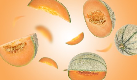 Image of Tasty ripe Cantaloupe melons swirling in air against orange gradient background