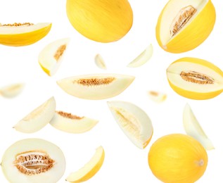 Image of Tasty ripe melons swirling in air against white background