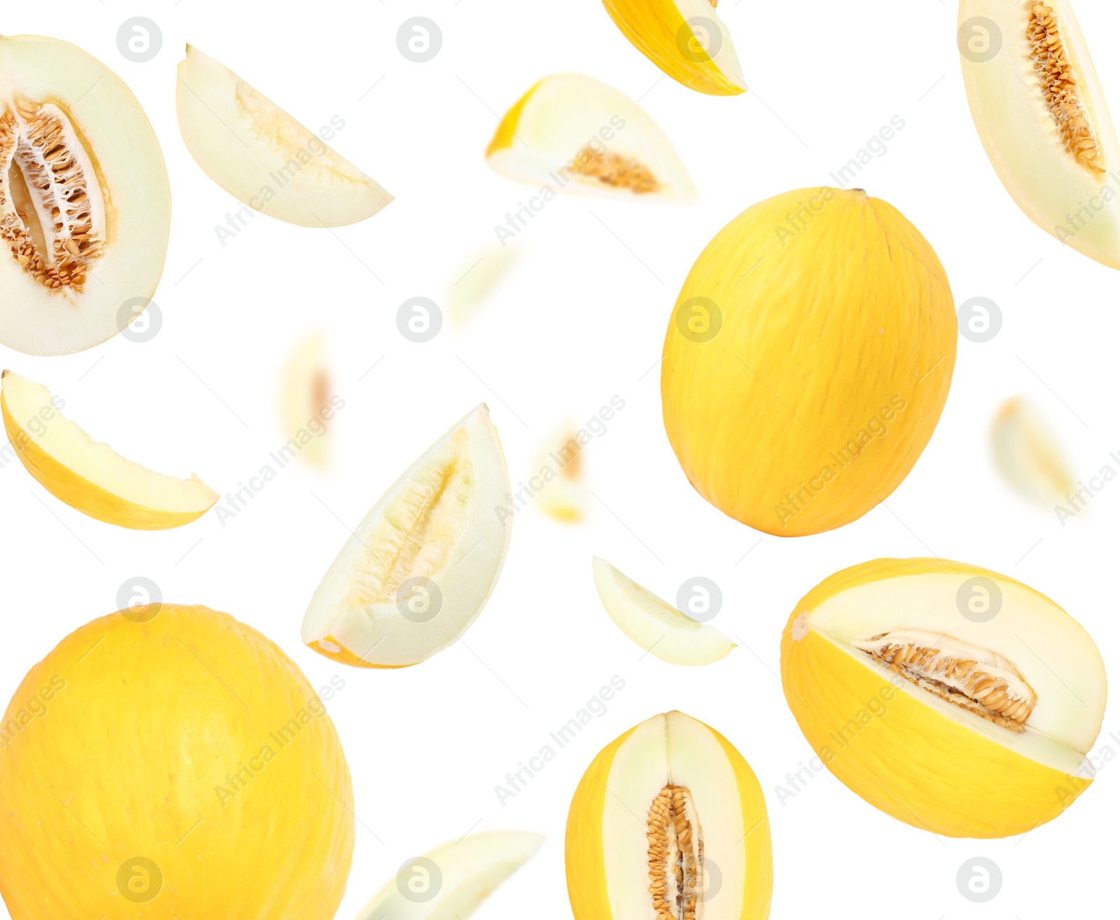 Tasty ripe melons swirling in air against white background Image of Tasty ripe melons swirling in air against white background