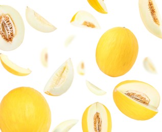 Image of Tasty ripe melons swirling in air against white background
