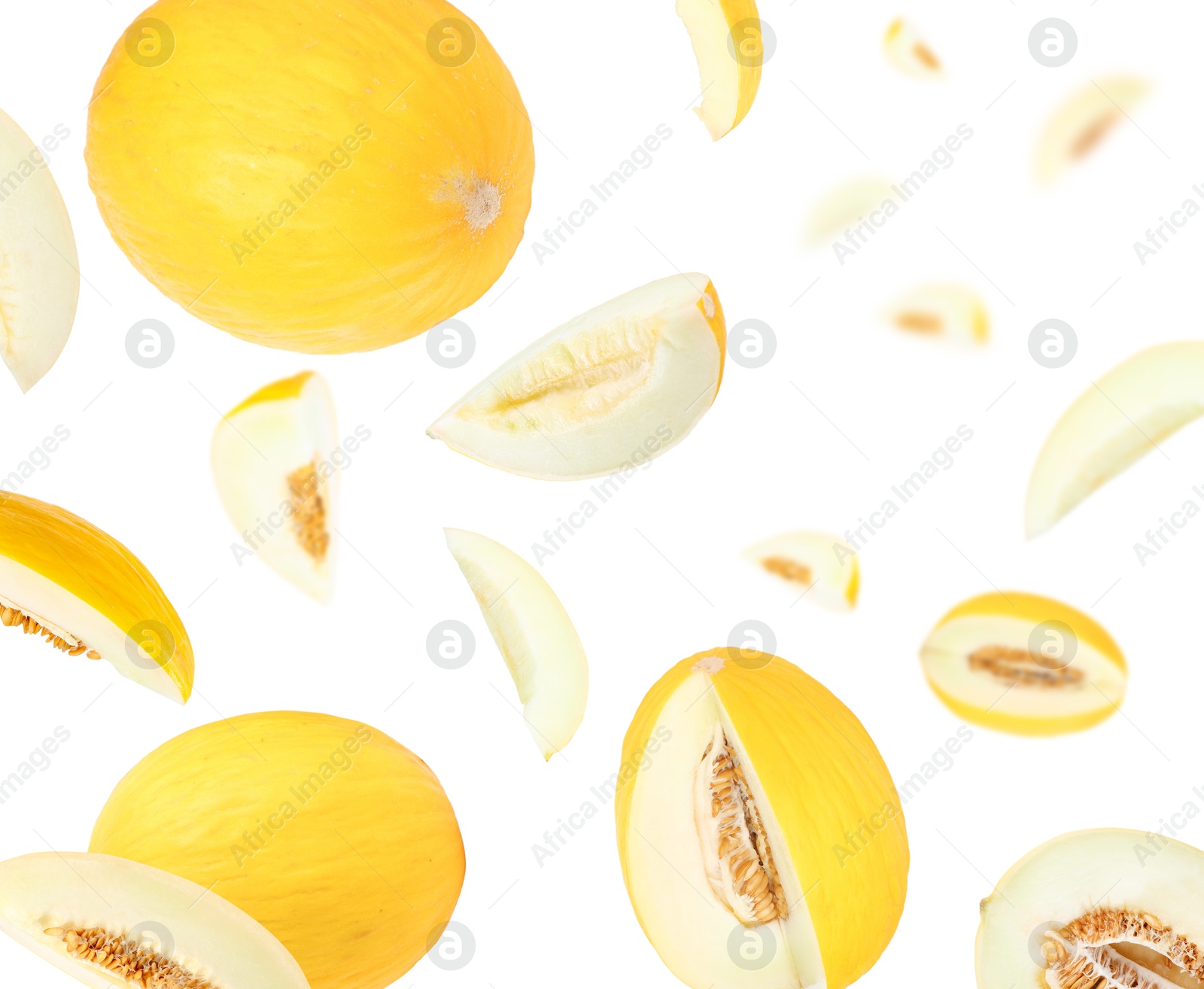 Tasty ripe melons swirling in air against white background Image of Tasty ripe melons swirling in air against white background