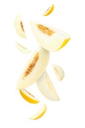 Image of Cut fresh ripe melons swirling in air against white background