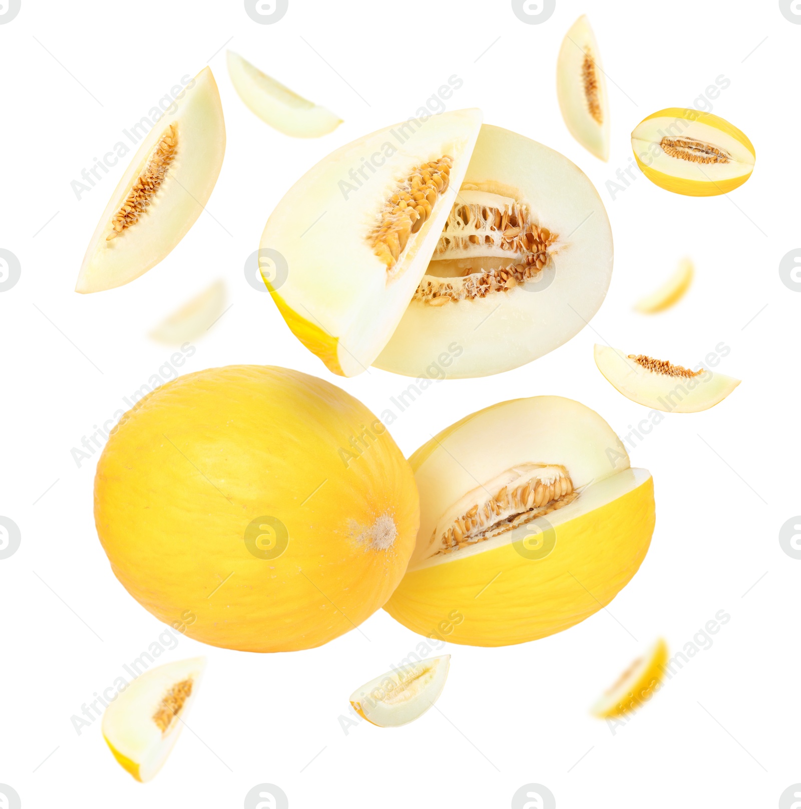 Tasty ripe melons swirling in air against white background Image of Tasty ripe melons swirling in air against white background
