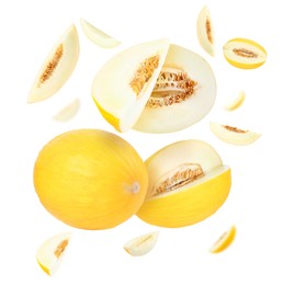 Image of Tasty ripe melons swirling in air against white background