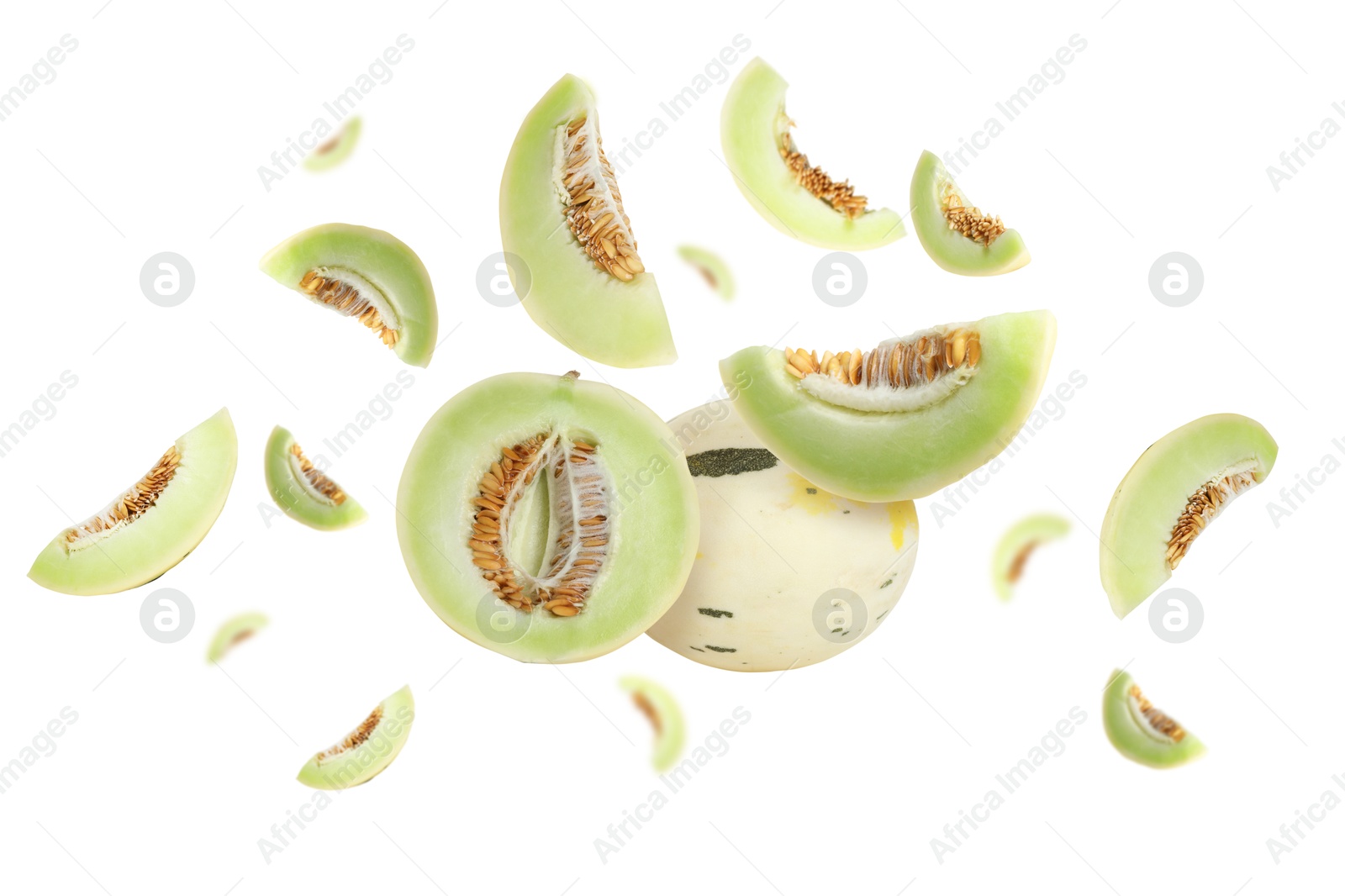 Tasty ripe melons swirling in air against white background Image of Tasty ripe melons swirling in air against white background