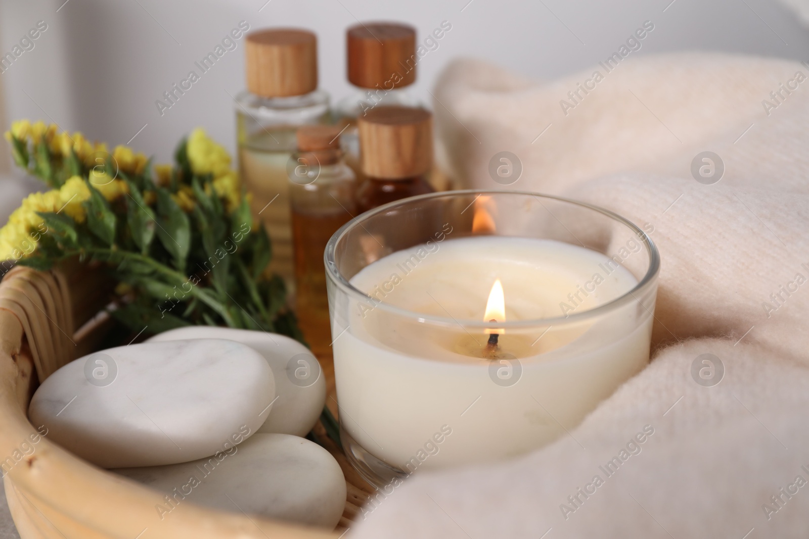 Spa composition with burning candle and flowers in tray, closeup Photo of Spa composition with burning candle and flowers in tray, closeup