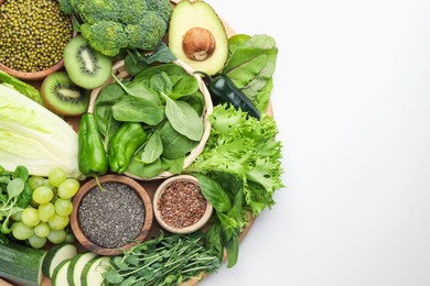 Photo of Superfood. Different healthy products on white background, top view