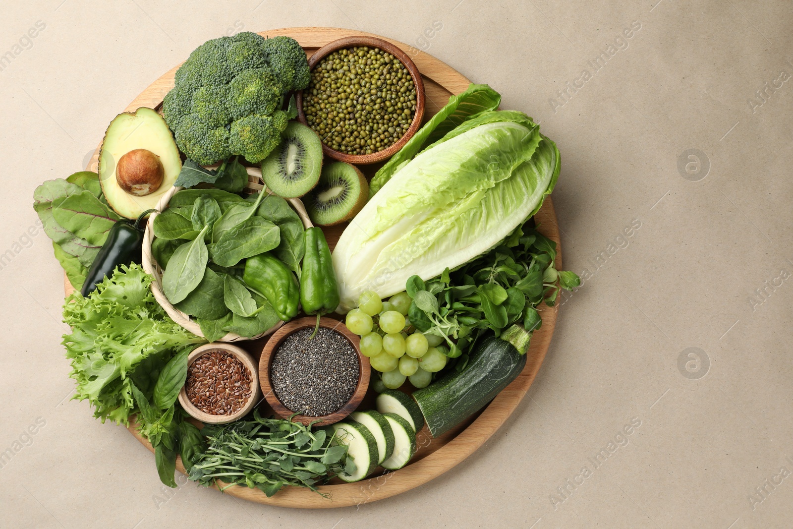 Photo of Superfood. Different healthy products on beige background, top view