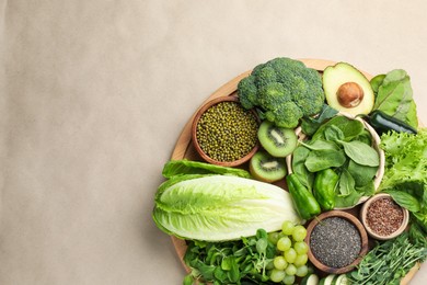 Photo of Superfood. Different healthy products on beige background, top view. Space for text