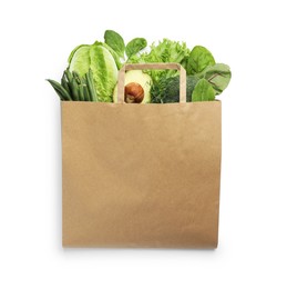 Photo of Superfood. Different healthy products in paper bag on white background, top view