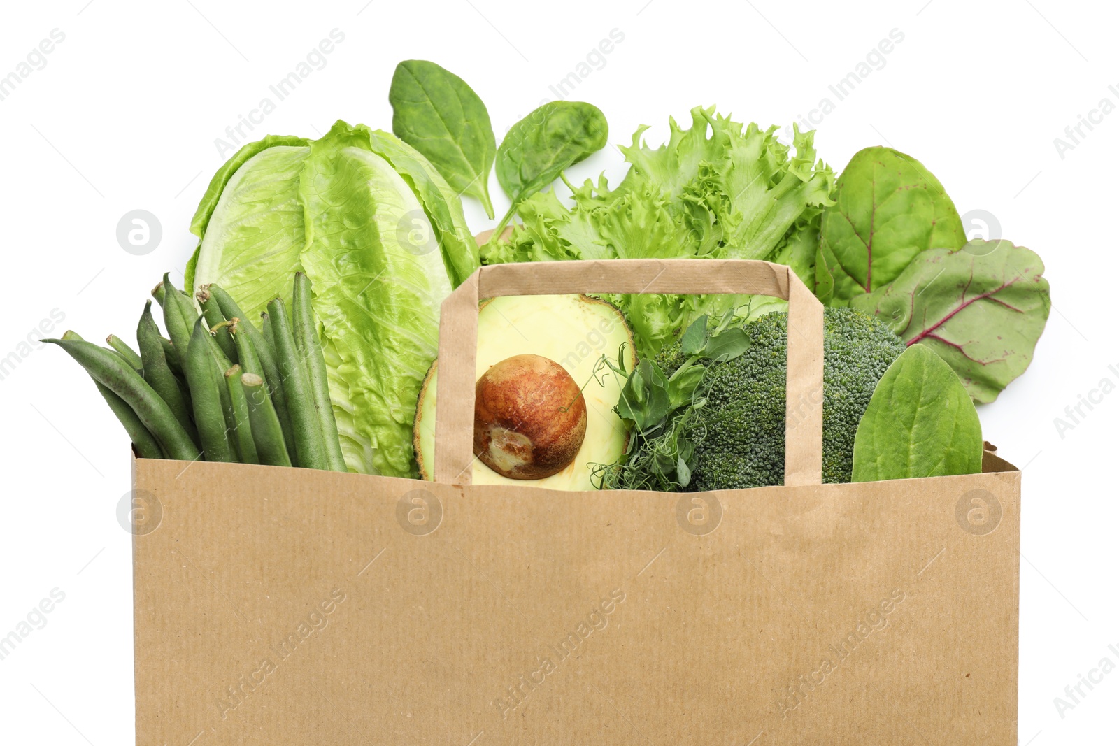 Superfood. Different healthy products in paper bag on white background, top view Photo of Superfood. Different healthy products in paper bag on white background, top view
