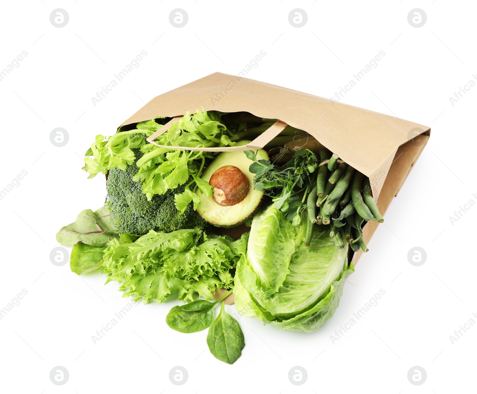 Superfood. Different healthy products in paper bag on white background Photo of Superfood. Different healthy products in paper bag on white background