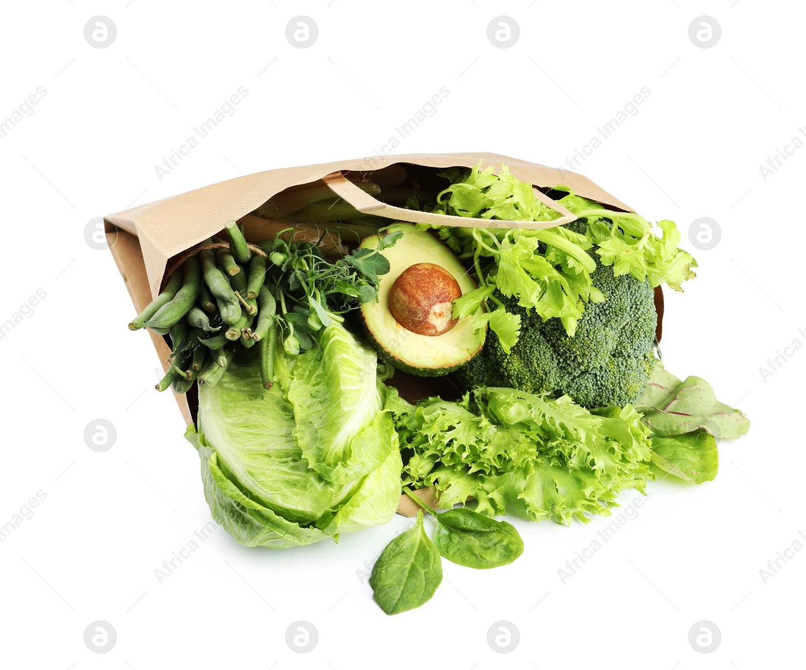 Superfood. Different healthy products in paper bag on white background Photo of Superfood. Different healthy products in paper bag on white background
