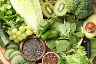 Photo of Superfood. Different healthy products on table, closeup