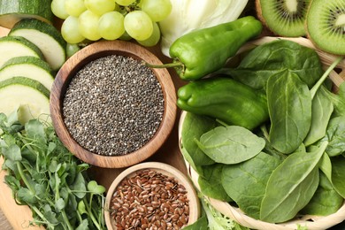 Photo of Superfood. Different healthy products on table, closeup