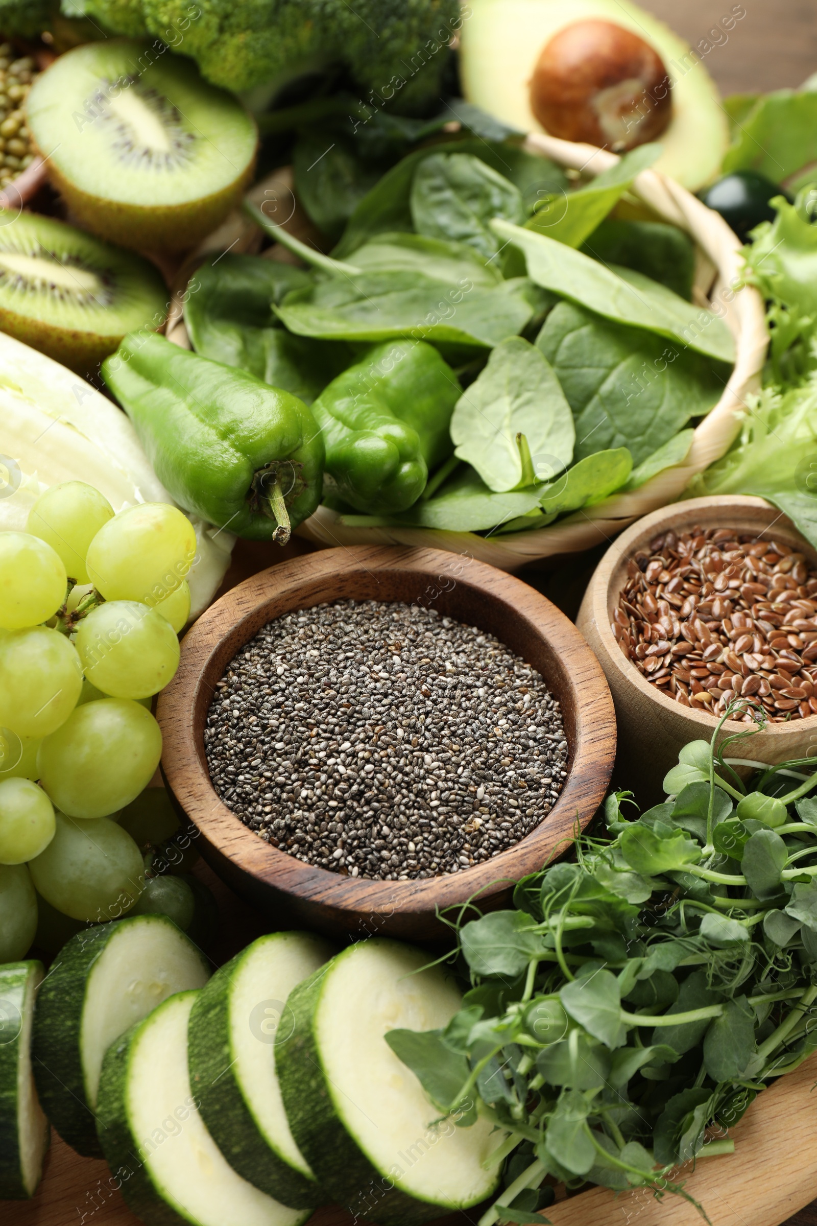 Superfood. Different healthy products on wooden table, closeup Photo of Superfood. Different healthy products on wooden table, closeup