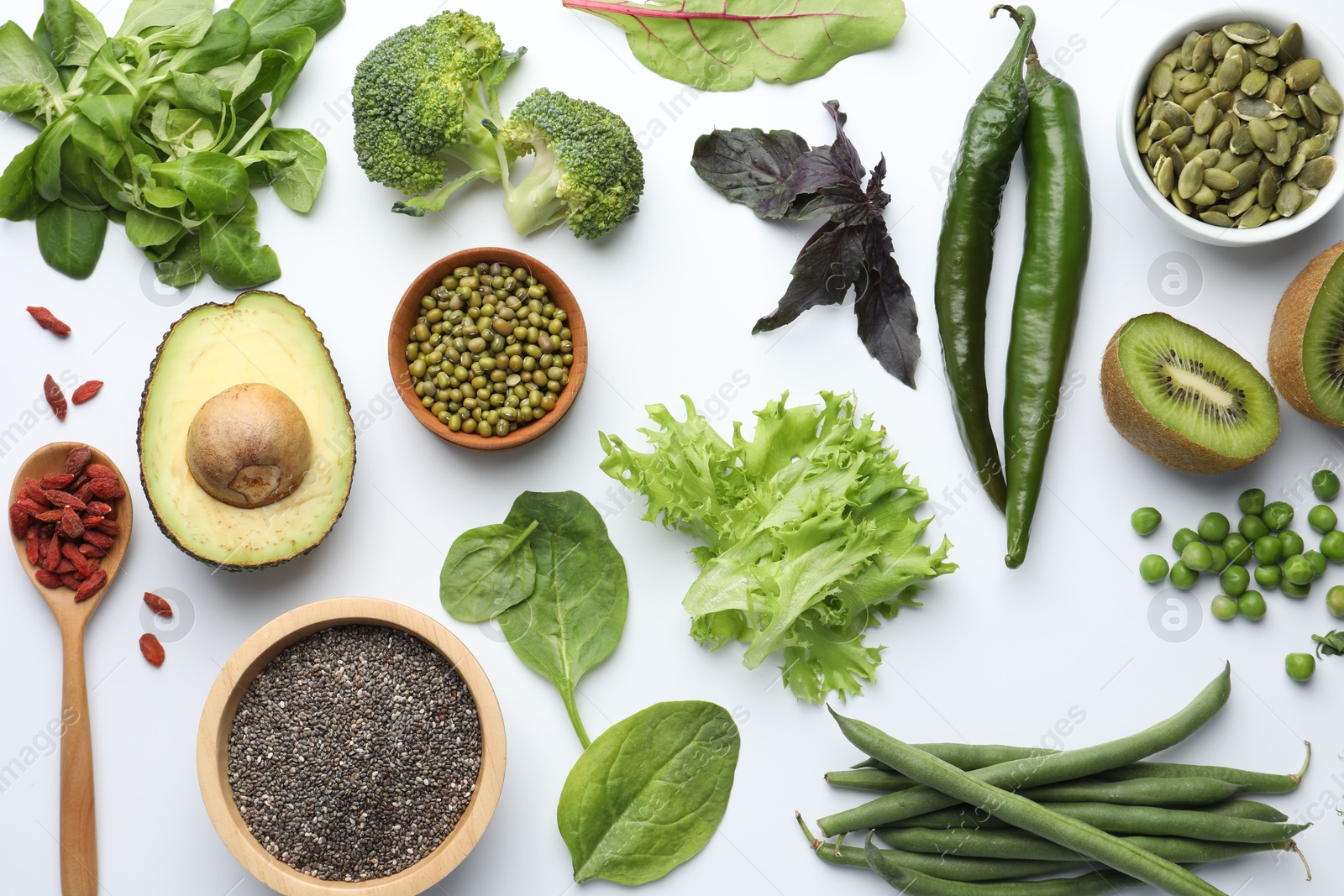 Photo of Superfood. Different healthy products on white background, flat lay
