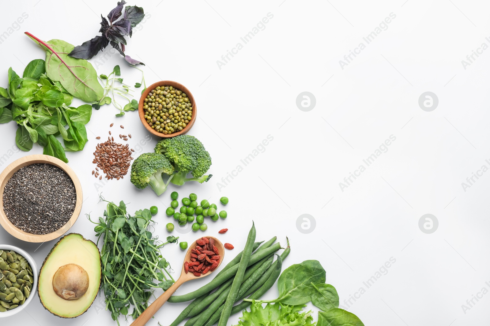 Photo of Superfood. Different healthy products on white background, flat lay. Space for text