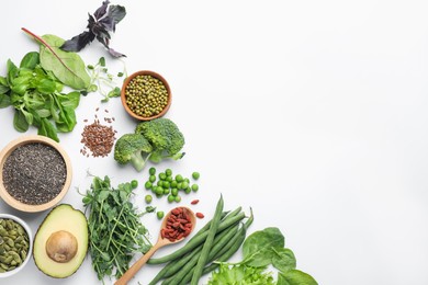 Photo of Superfood. Different healthy products on white background, flat lay. Space for text