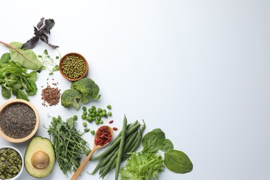 Photo of Superfood. Different healthy products on white background, flat lay. Space for text