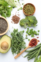 Photo of Superfood. Different healthy products on white background, flat lay