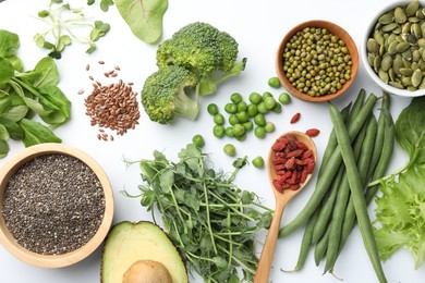 Photo of Superfood. Different healthy products on white background, flat lay