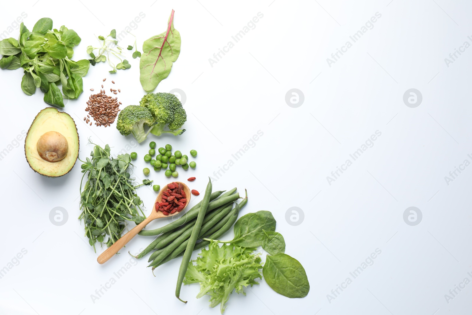 Photo of Superfood. Different healthy products on white background, flat lay. Space for text