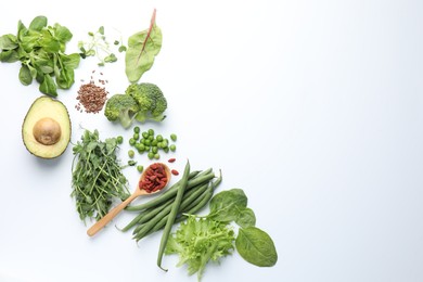 Photo of Superfood. Different healthy products on white background, flat lay. Space for text