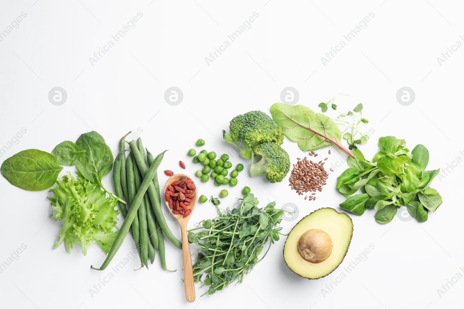Photo of Superfood. Different healthy products on white background, flat lay. Space for text