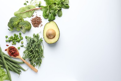 Photo of Superfood. Different healthy products on white background, flat lay. Space for text
