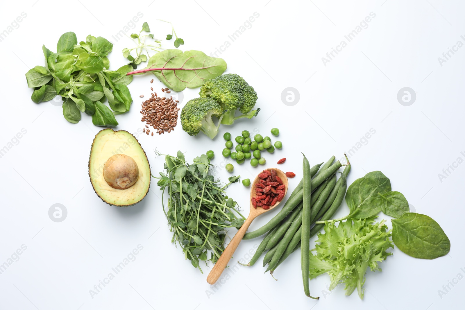 Superfood. Different healthy products on white background, flat lay Photo of Superfood. Different healthy products on white background, flat lay