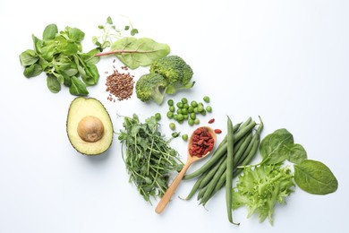 Photo of Superfood. Different healthy products on white background, flat lay