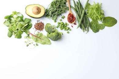 Photo of Superfood. Different healthy products on white background, flat lay. Space for text