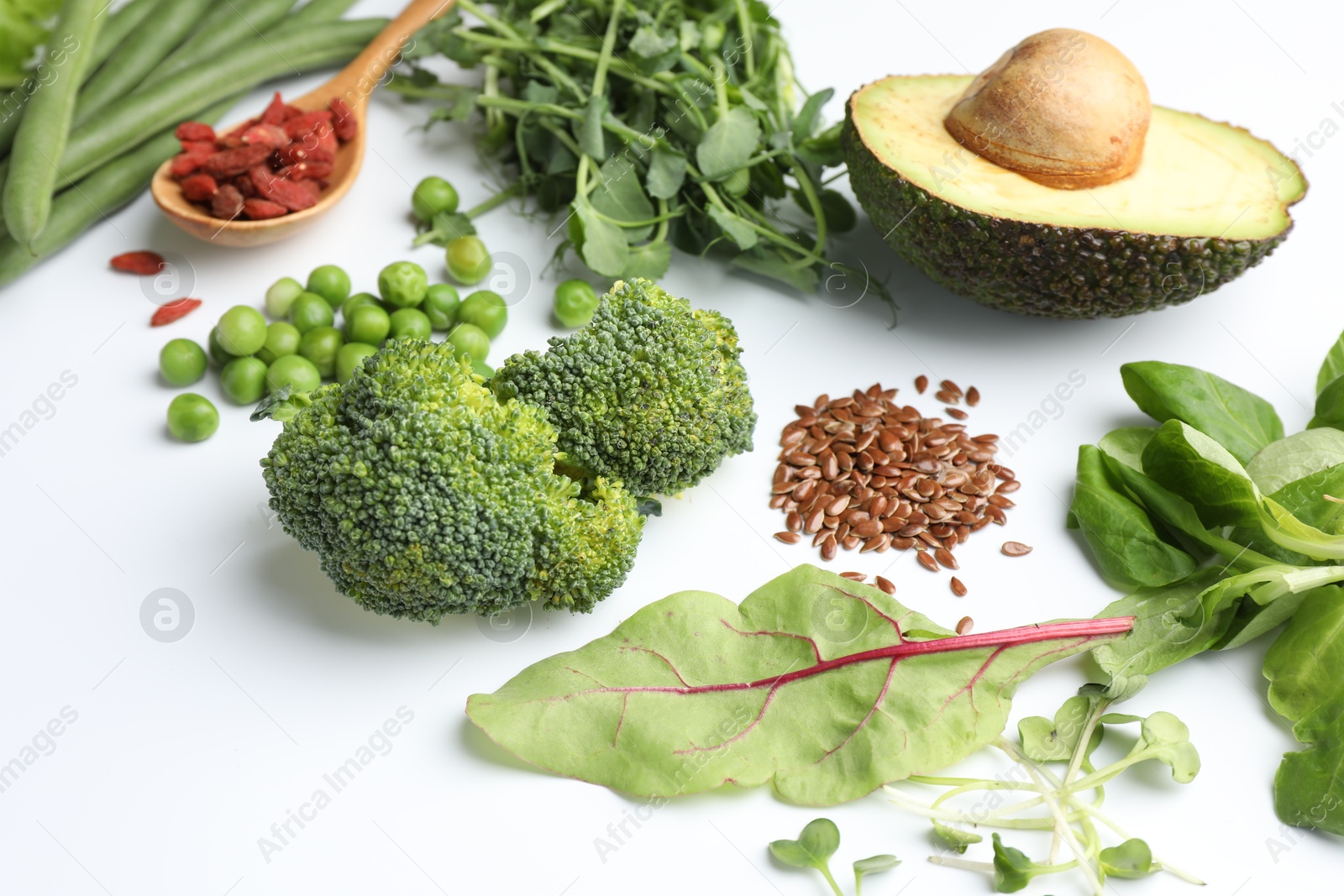 Photo of Superfood. Different healthy products on white background, closeup